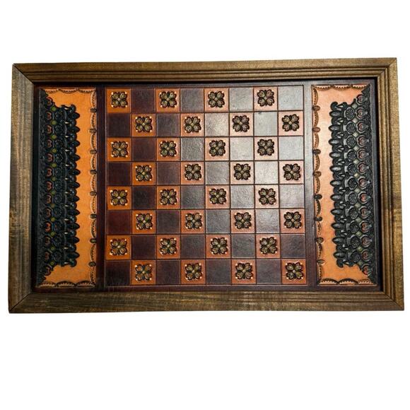 Other - Vintage Chess Board Hand Tooled And Dyed Leather Wood Frame 11”x17” Wall Hanging